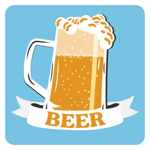 Beer vector icon. Beer cold drink sign. Mug of foamy beer on a blue background. - Vecteur, image