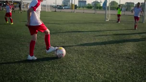 Gruppe kleiner Fußballer trainiert auf dem Platz - Filmmaterial, Video