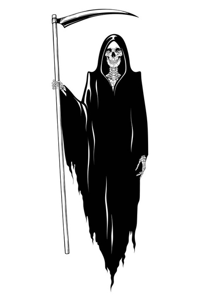 Grim Reaper with the scythe posing isolated vector illustration. Hand drawn gothic style placard, poster or print design. - Vector, Image