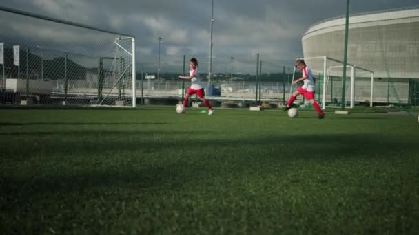 Mannschaft der kleinen Jungs trainiert auf dem Fußballplatz, dribbelt Bälle - Filmmaterial, Video