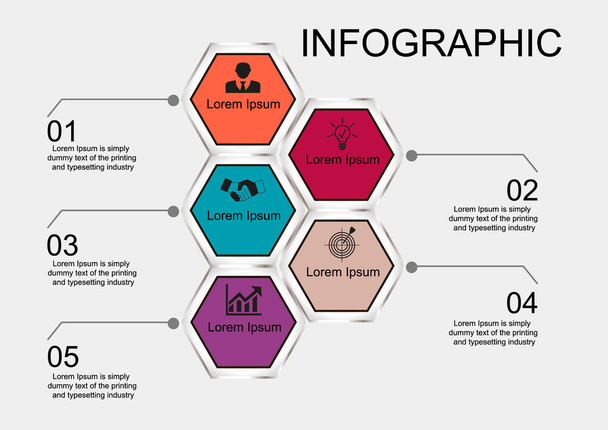 Business data visualization, infographics. Scheme of the process of elements with the help of graphics, diagrams of hexagons in four stages, numbers, icons, text, variants, parts. Business vector for presentation. - Vector, Image