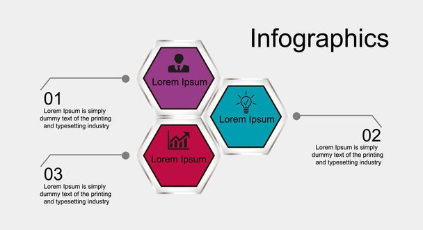 Business data visualization, infographics. Scheme of the process of elements with the help of graphics, diagrams of hexagons in three stages, numbers, icons, text, variants, parts. Business vector for presentation. - Vector, Image