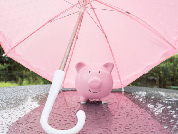 Pink Piggy bank com guarda-chuva Em um dia chuvoso Economizar dinheiro para qualquer problema de tempestade virá conceito para finanças, seguros, proteção, investimento ou bancário
 - Foto, Imagem