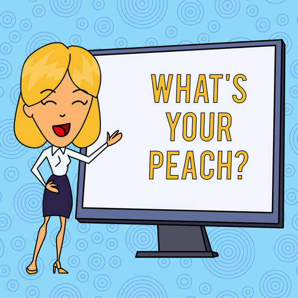 Word writing text What S Is Your Peach question. Business concept for an exceptionally good demonstrating or thing White Female in Standing Pointing Blank Screen Whiteboard Presentation. - Photo, Image