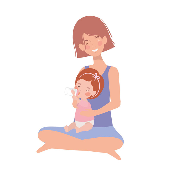 cute pregnancy mother seated with little girl characters - Vector, Image