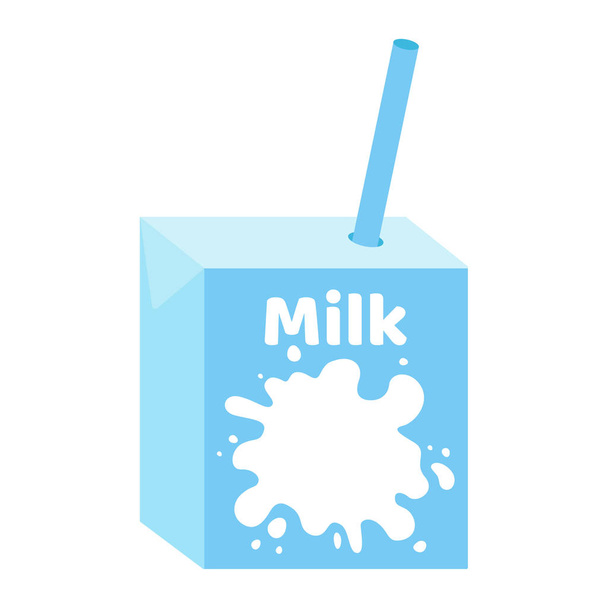 Milk box, drink for children. White splash. Natural breakfast, snack with vitamins from cow. Healthy food for kids. Vector illustration on white background - Vettoriali, immagini