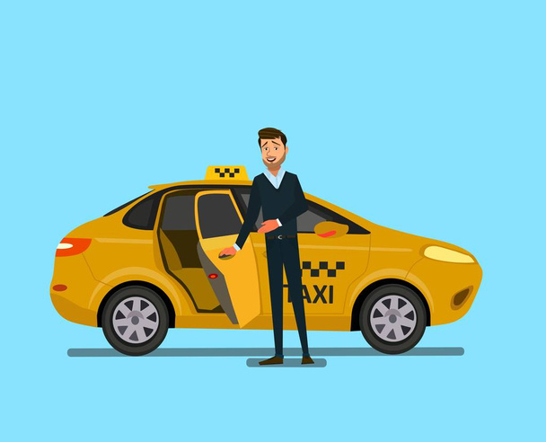Sonriendo joven taxista cerca de su coche.Servicio de taxi. Ilustración vectorial
 - Vector, imagen
