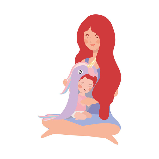 cute pregnancy mother seated with little girl characters - Vector, Image