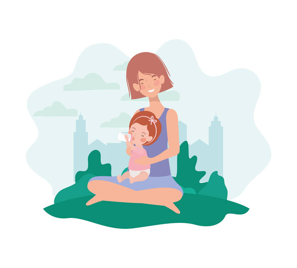 linda madre embarazada sentada con una niña en el campamento
 - Vector, Imagen
