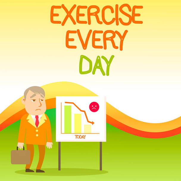 Text sign showing Exercise Every Day. Conceptual photo move body energetically in order to get fit and healthy Businessman Clerk with Brief Case Standing Whiteboard Declining Bar Chart. - Photo, Image