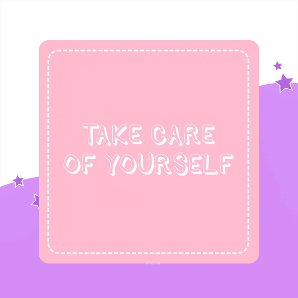 Handwriting text Take Care Of Yourself. Concept meaning a polite way of ending a gettogether or conversation Dashed Stipple Line Blank Square Colored Cutout Frame Bright Background. - Foto, immagini