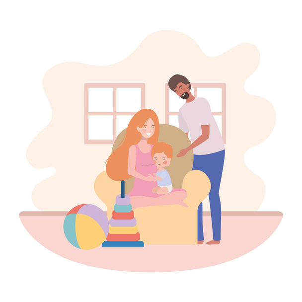 szülők pár kisbaba a kanapén karakterek - Vektor, kép