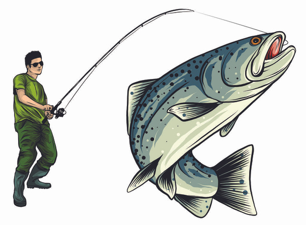 Vissen ontwerp voor vector. Een visser vangt een boot op een golf. - Vector, afbeelding