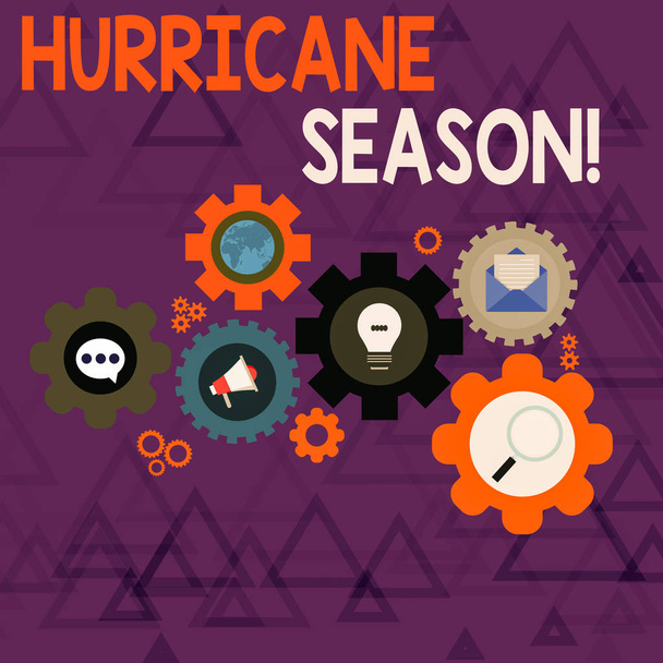 Conceptual hand writing showing Hurricane Season. Business photo text time when most tropical cyclones are expected to develop Set of Global Online Social Networking Icons Cog Wheel Gear. - Photo, Image
