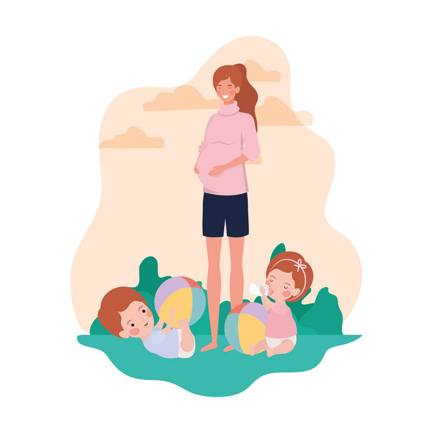 cute pregnancy mother with little kids in the camp - Vector, Image