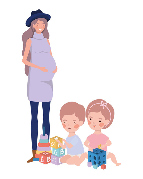 niedliche Schwangerschaft Mutter mit kleinen Kindern Zeichen - Vektor, Bild