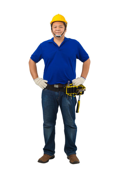 bouw man werknemers in blauw overhemd met beschermende handschoenen, h - Foto, afbeelding