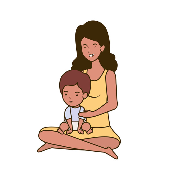 afro embarazo madre sentado levantamiento poco bebé caracteres
 - Vector, Imagen