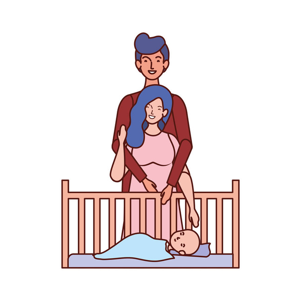 ゆりかごの中の小さな赤ちゃんと両親のカップル - ベクター画像
