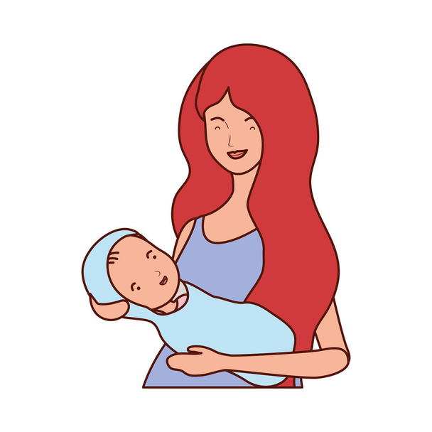 cute pregnancy mother lifting little baby characters - Vector, Image
