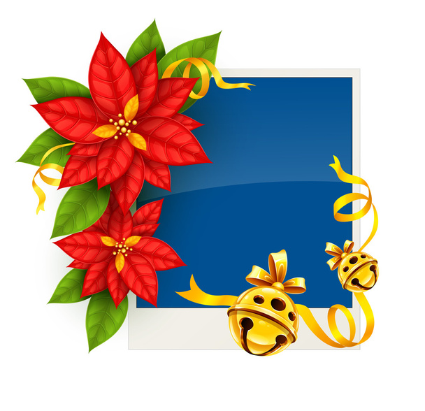 Christmas greeting card with poinsettia flowers and gold jingle bells - Vector, Image