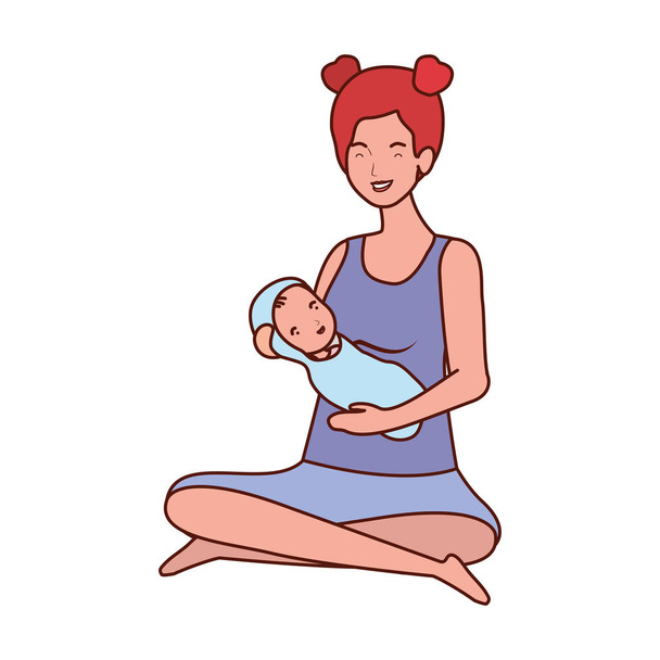 милая беременная мать сидя поднимая маленьких персонажей ребенка
 - Вектор,изображение