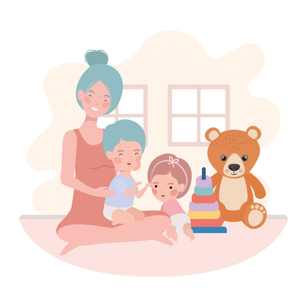 милая беременная мать с маленькими детьми в комнате
 - Вектор,изображение