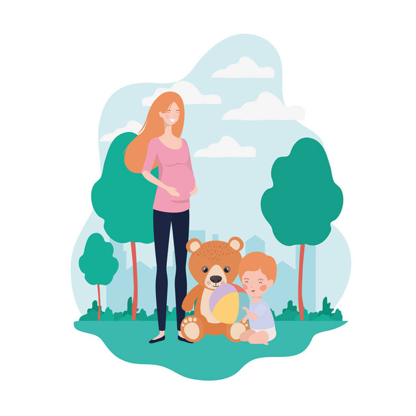 cute pregnancy mother with little girl in the camp - Vector, Image