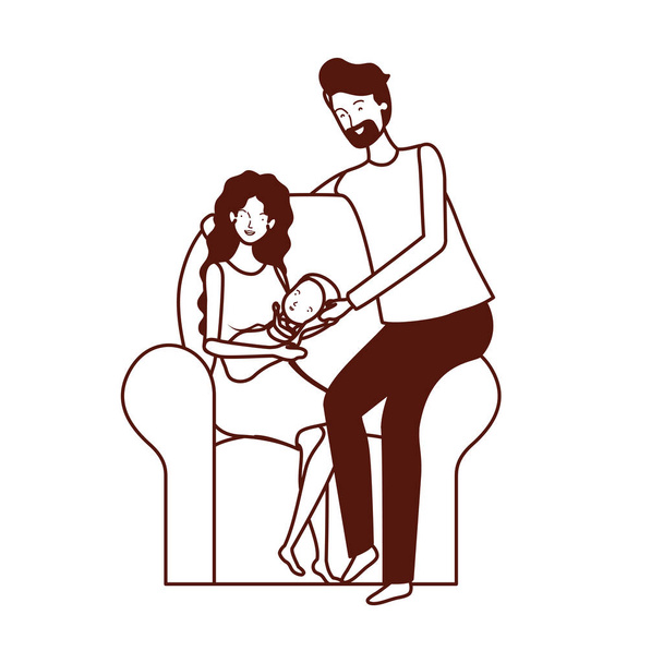 ソファの文字で小さな赤ちゃんと両親のカップル - ベクター画像