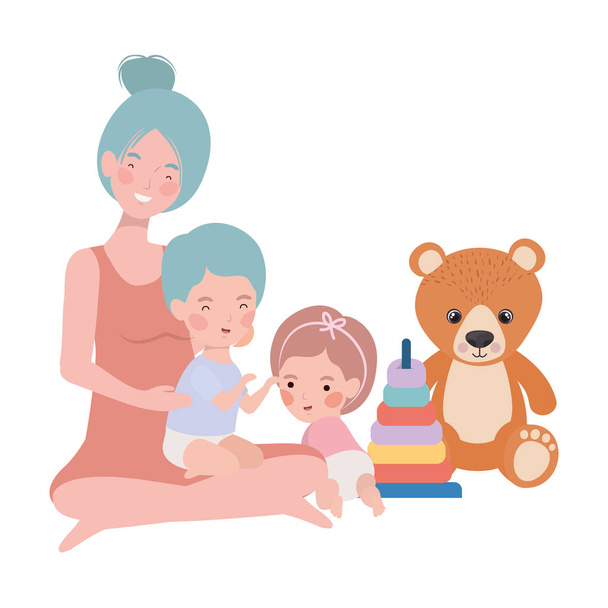 милая беременная мать с маленькими детьми персонажей
 - Вектор,изображение