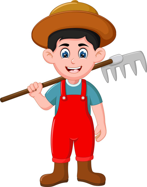 Granjero divertido en camisa roja y sombrero marrón con la historieta del tenedor para su diseño
 - Vector, Imagen