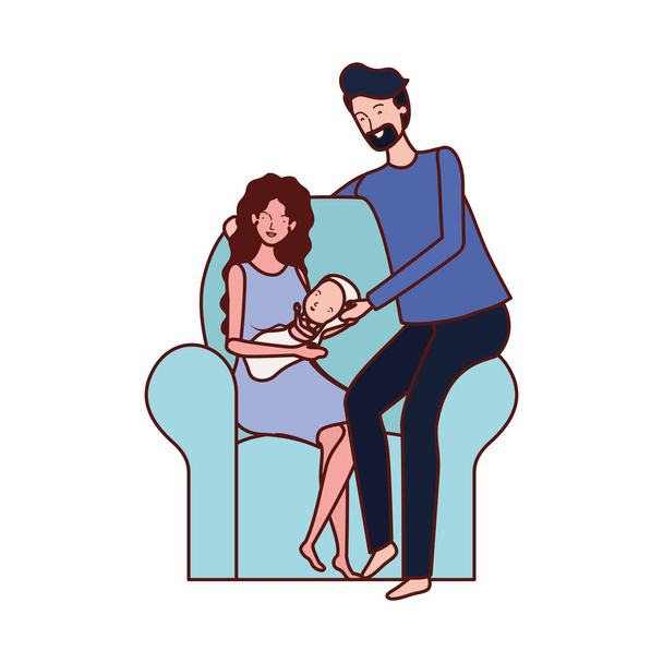 Szülők pár kis baba a nappaliban - Vektor, kép