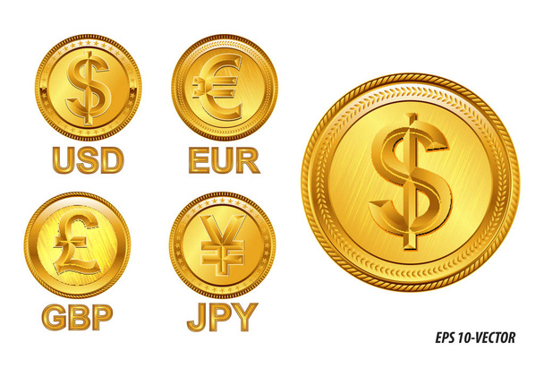  famous world currencies in golden coin concept.   - Vector, Image