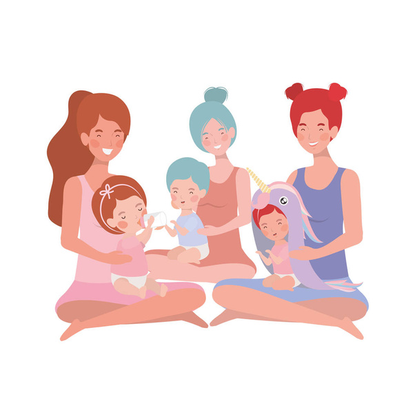 χαριτωμένο μητέρες εγκυμοσύνη κάθονται ανύψωση μικρά μωρά χαρακτήρες - Διάνυσμα, εικόνα