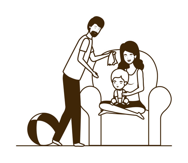 parents couple with little baby in the sofa characters - Vector, Image