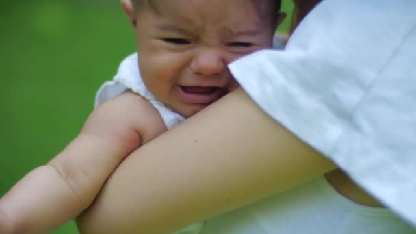 Joven Madre Bonita sosteniendo a su hija recién nacida llorando sobre un fondo verde de follaje en un parque. Feliz joven madre besa a su hijo y la hija se calma
. - Metraje, vídeo