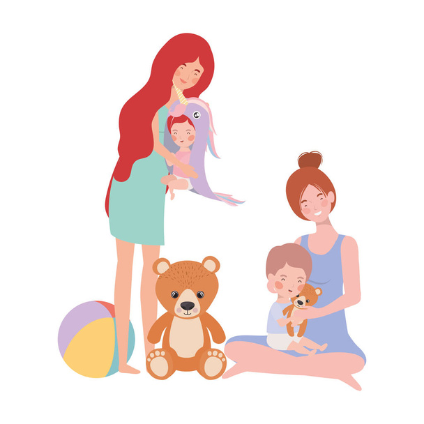 χαριτωμένο μητέρες εγκυμοσύνη με μικρά μωρά χαρακτήρες - Διάνυσμα, εικόνα