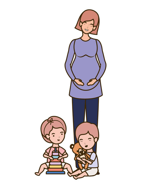 χαριτωμένο μητέρα εγκυμοσύνη με μικρά παιδιά χαρακτήρες - Διάνυσμα, εικόνα