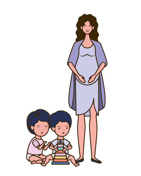 cute pregnancy mother with little kids characters - Vector, Image