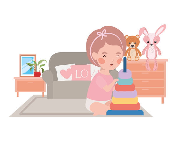 cute little girl baby with stuffed toys in sofa character - Vector, Image