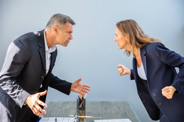 Side View Of Two Angry Mature Businesspeople Looking At Each Other Standing Face To Face - Foto, Imagem