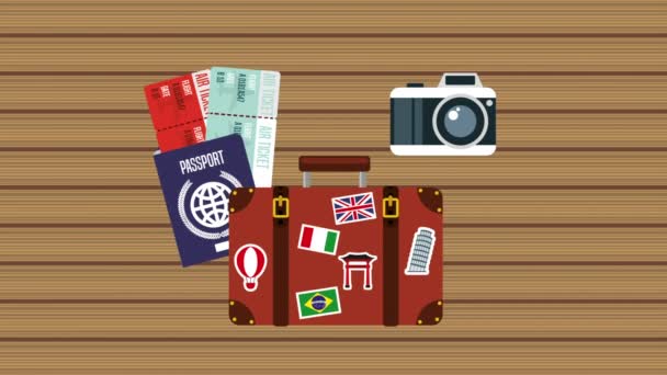 suitcase with set travel items animation - Footage, Video