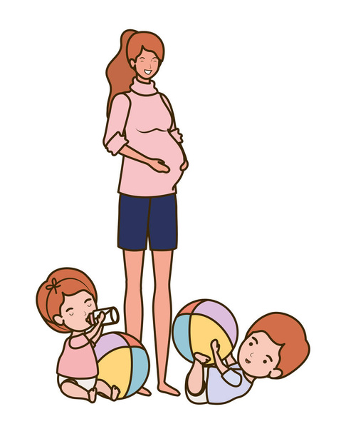 cute pregnancy mother with little kids characters - Vector, Image