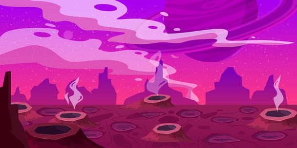 Fantasy concept espace dessin animé fond de jeu. Fantastique paysage de planètes extraterrestres de science-fiction pour une conception de niveau de jeu d'arcade spatiale. Vecteur isolé
 - Vecteur, image