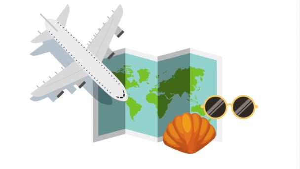 vliegtuig vliegen met set reizen items animatie - Video
