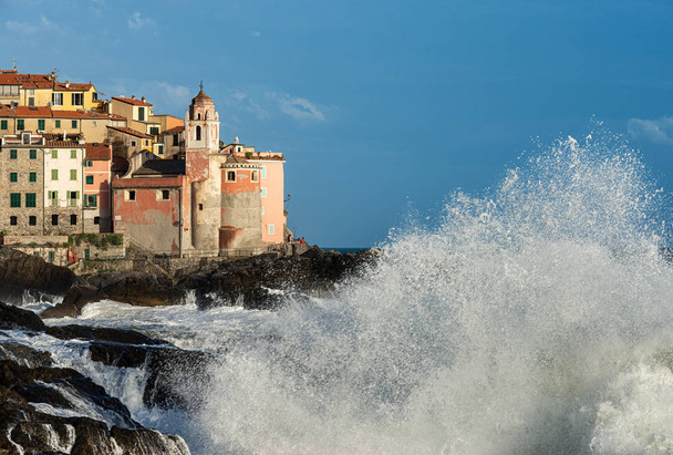 Big waves Mediterranean sea - Tellaro village Liguria Italy  - Photo, Image
