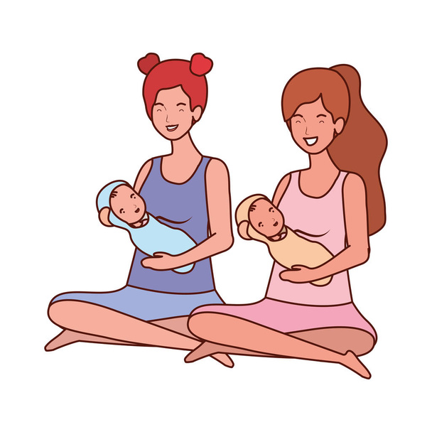 Interracial zwangerschap moeders zittend tillen kleine baby's karakters - Vector, afbeelding