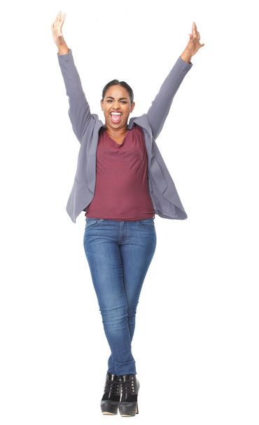 Portrait of a happy woman with arms raised - Foto, Imagem