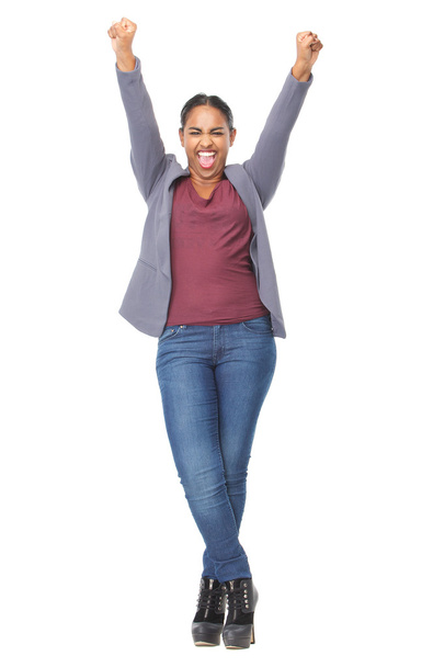 Портрет привлекательной молодой женщины с поднятыми руками
 - Фото, изображение