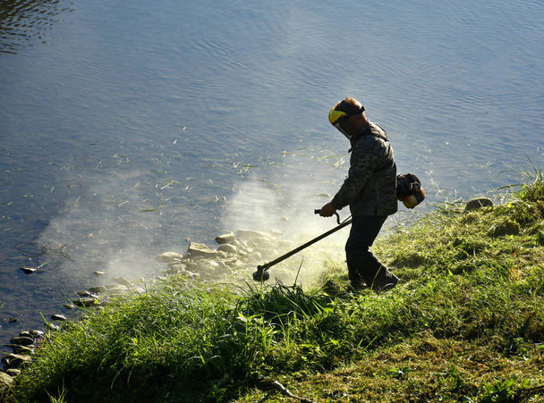 Садовник стрижет траву газонокосилкой
 - Фото, изображение